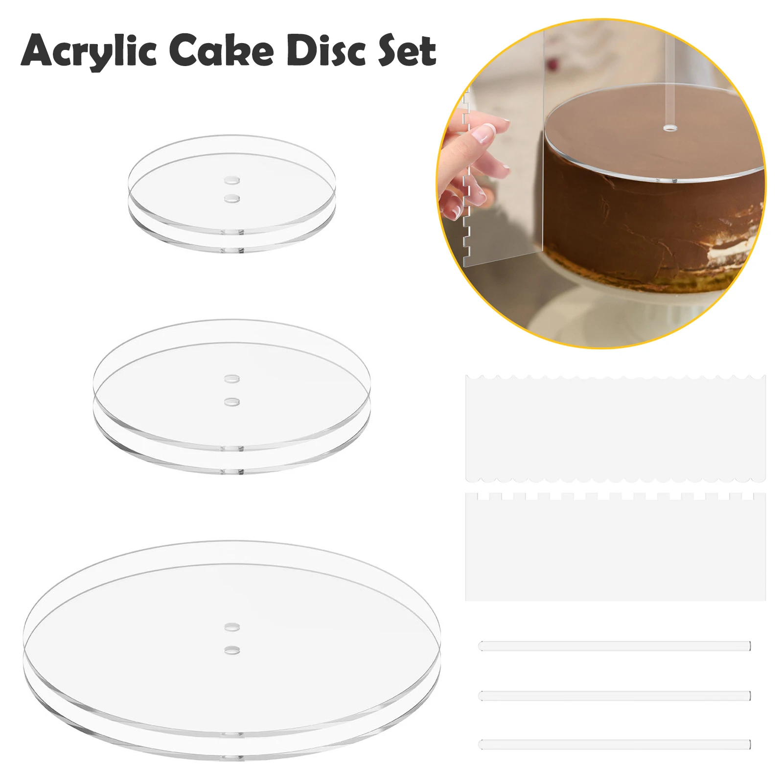 

15/20/30cm Acrylic Cake Disc Set Transparent Round Board Cake Decorative Base Plate with Scraper Support Column Baking Utensils