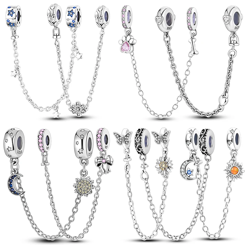 Original 925 Sterling Silber Stern Mond Schmetterling Silikon Sicherheitsketten Charms Perlen passen S925 Armbänder DIY Schmuck für Frauen