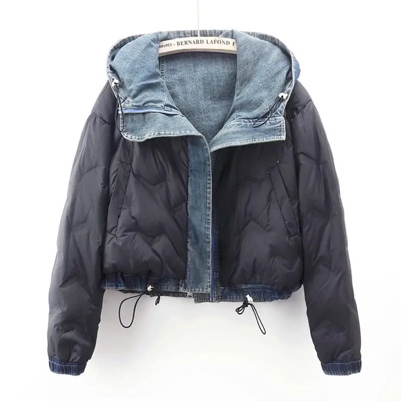 Autumn Winter New Popular Down Cotton Liner Light and Thin Down Cotton Denim Jacket Women's Short Two-sided Top Pretty Jacket