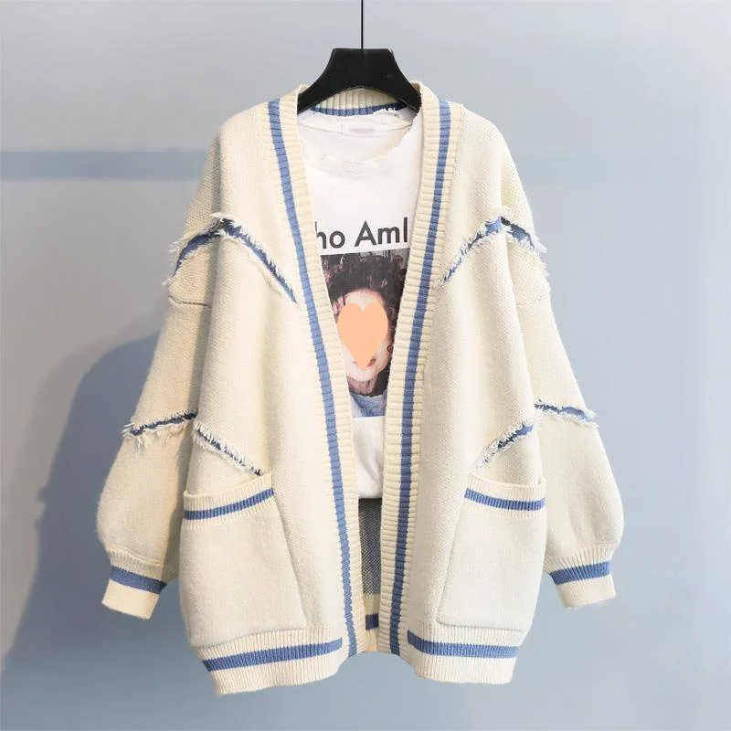 Selling Autumnwinter New Women Fashion Color Blocked Tassel Mid Length Sweater Loose Design Lazy Style Thick Knit Cardiganjacket