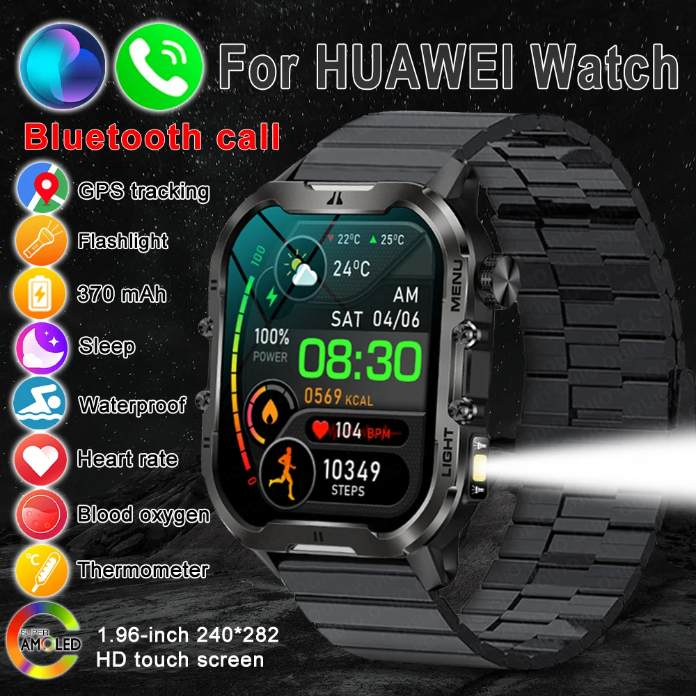 

2024 New Original For Huawei 1.96-inch Men Outdoor Smart Watch 3ATM Waterproof Compass LED Flashlight Bluetooth Call Smart Watch