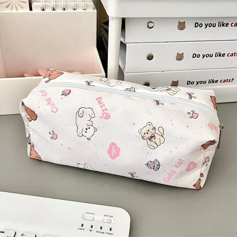 1PC Cute Cartoon Line Bear Printed Pen Bag Portable Large Capacity Pencil Case Stationery Bag Multi-function Storage Bag