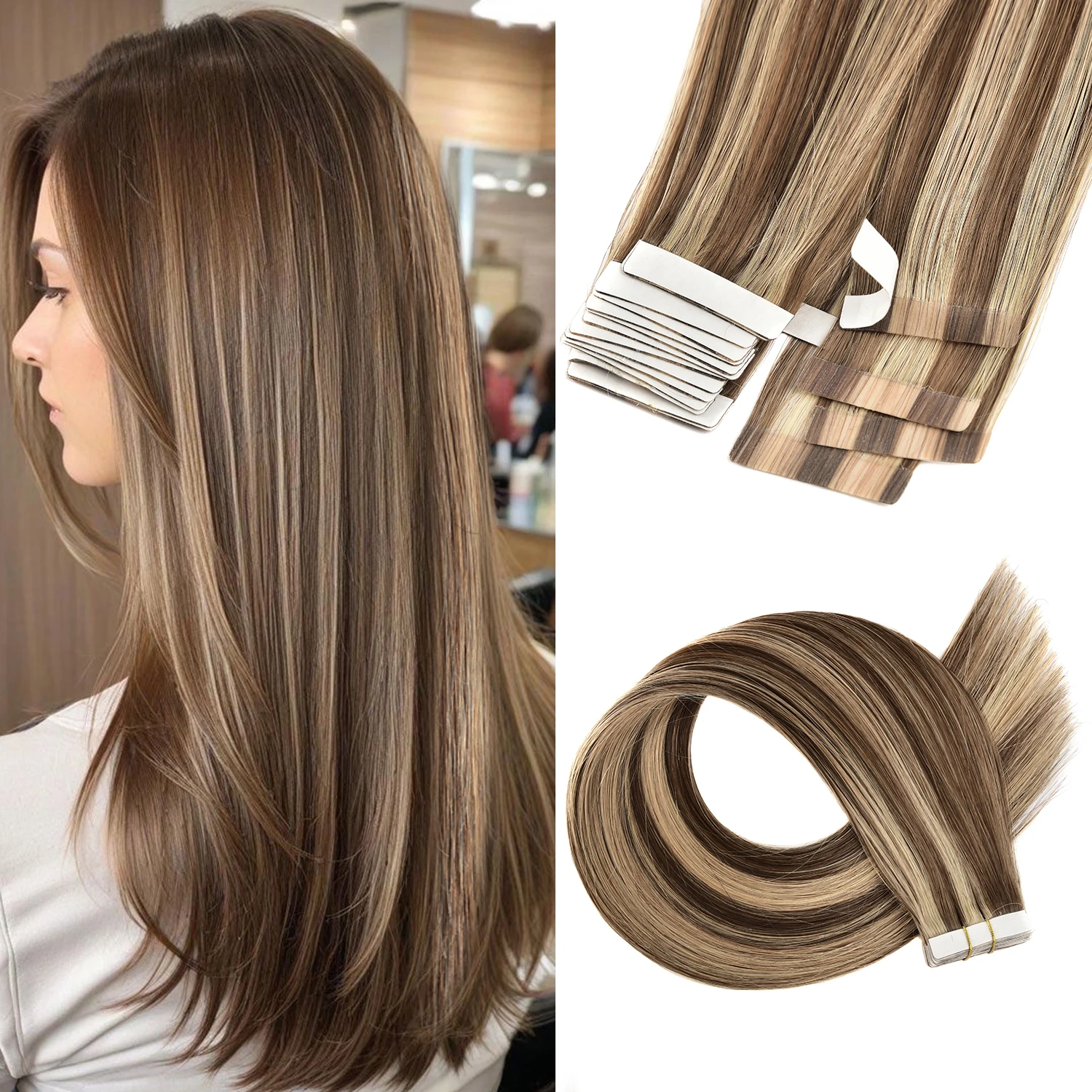 テープインヘアエクステ-本物の人毛-20ピース-レミーヘアエクステ-ストレート-インビジブルスキンウェフト-テープインエクステ-人毛