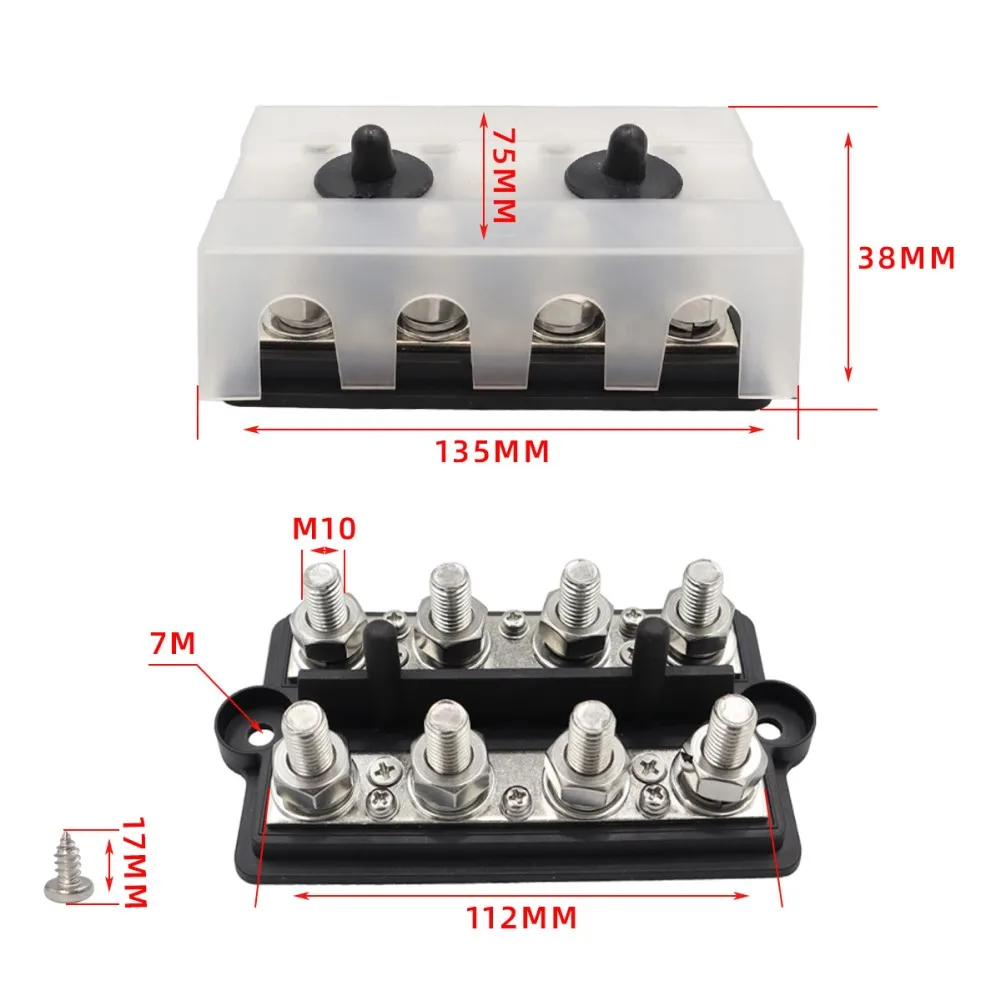 1pc M8/M10 Double Row Bus Bar 4 Way Terminal Block For RV Yacht Marine Battery High-power Electrical Systems Power Distribution