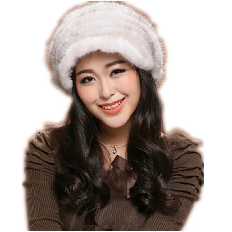 Large Size Women Winter Autumn Outdoor Thick Warm Hat Female Genuine Mink Fur Knitted Caps with Brim