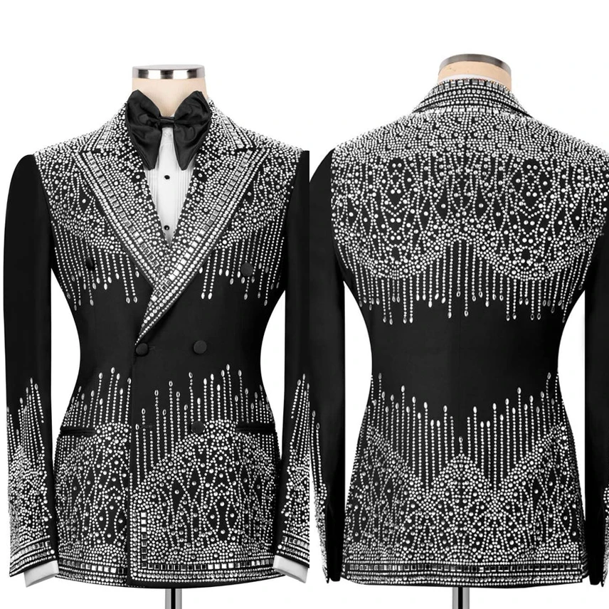 

Exclusive Beaded Stones Men Suit Attire For Wedding Double Breasted Jacket Pants 2 Piece Plus Size Customized Groom Tuxedos 2026