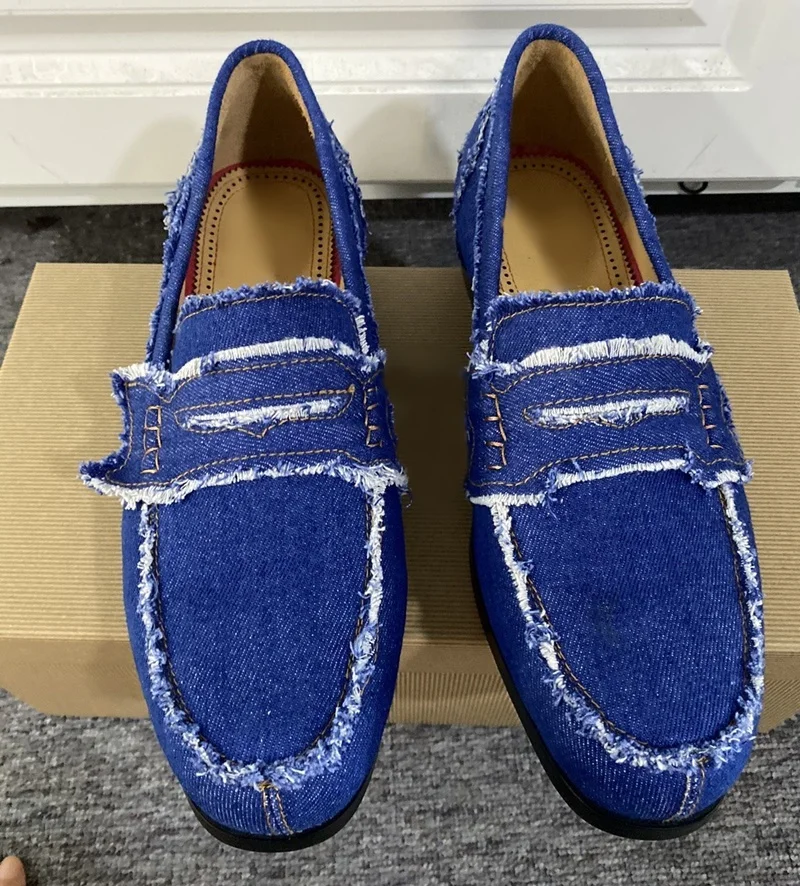 Stylish Dark Blue Burr Edge Design Loafers Men Canvas Shoes Luxury Slip On Dress Shoes Men's Casual Shoes Boat Shoes