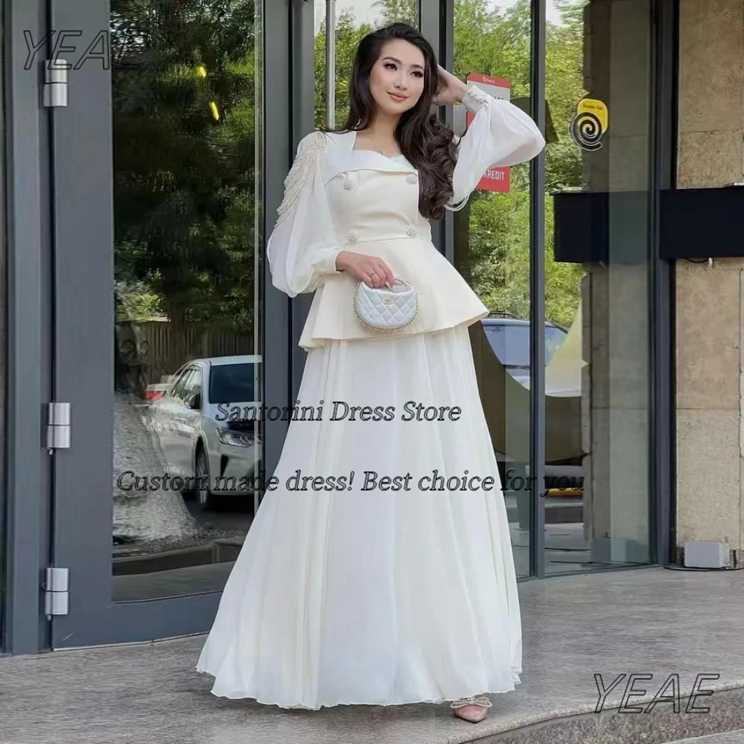 

Blueribbon Dubai Evening Party Dresses Square Neck Beading Long Sleeves Prom Dress for Saudi Women Two Pieces Vestidos De Noche