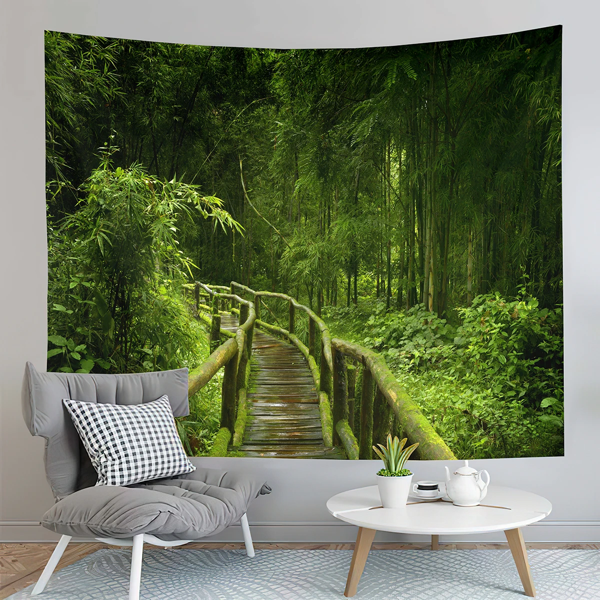 Jungle Tapestry Primeval Rainforest Foliage Greenery Wooden Pathway Tapestry Art Home Living Room Bedroom Decor Tapestries