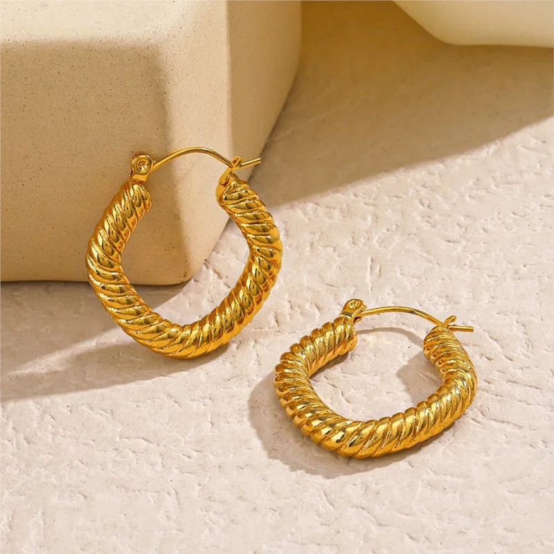 

ANENJERY 316L Stainless Steel Screw Thread Geometric Hoop Earrings for Women Fashion Temperament Female Earrings Jewelry