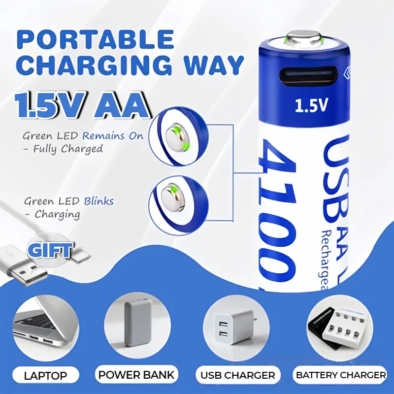 

High Capacity 1.5V AA Rechargeable Battery 4100mWh with USB-C, Li-ion for Smart Door Lock, Remote Control, Toys, Quick Charge