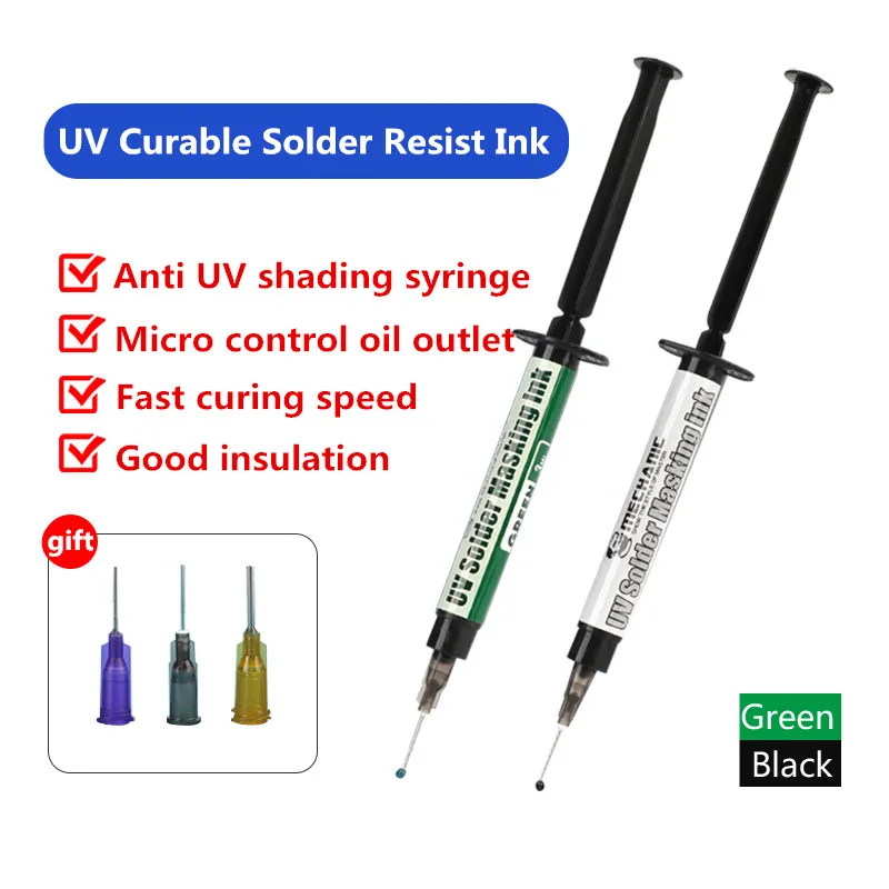 

MECHANIC UV Light Curing BGA PCB Soldering Mask Ink Syringe Black/Green Welding Oil with Three Needles for Motherboard Repair