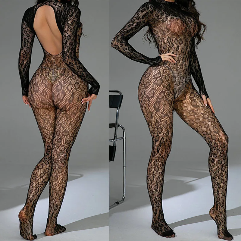 Hot Sexy Leopard Fishnet Bodysuit Women Sexy Lingerie Porn Roleplay Outfits Erotic Sheer Bodystockings Lace Underwear Sexy Set