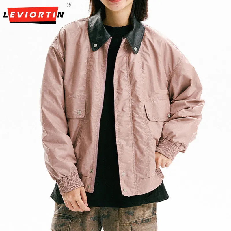Spring and autumn Men's fashion trend punk retro solid color loose casual mountain style outdoor contrasting color lapel jacket