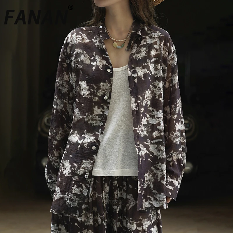 

FANAN винтажные рубашки контрастного цвета с принтом для женщин, однобортные однобортные солнцезащитные блузки с лацканами, женские топы, мода, новинка лета 2023 г.
