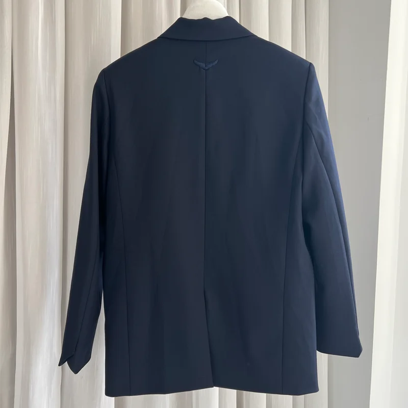 الأزرق الداكن الدعاوى النساء عارضة الصلبة الحلل السيدات التلبيب معطف طويل الأكمام جيب قمم الإناث السترة زر جيب معاطف