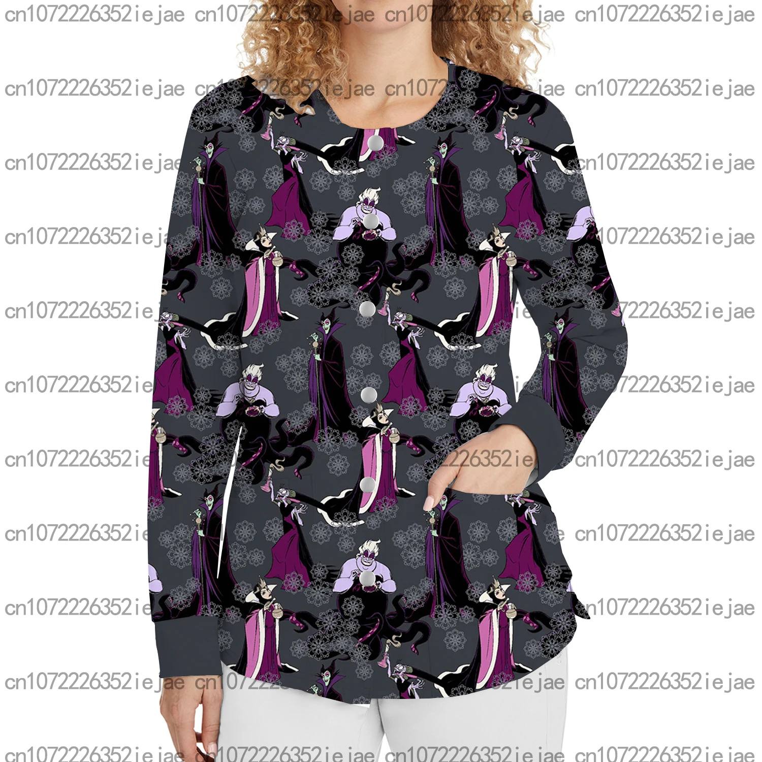 سترة نسائية جديدة لطيف ديزني الكرتون طباعة جولة الرقبة زر متجمد سترة الأسنان الحيوانات الأليفة متجر صالون تجميل ممرضة معطف