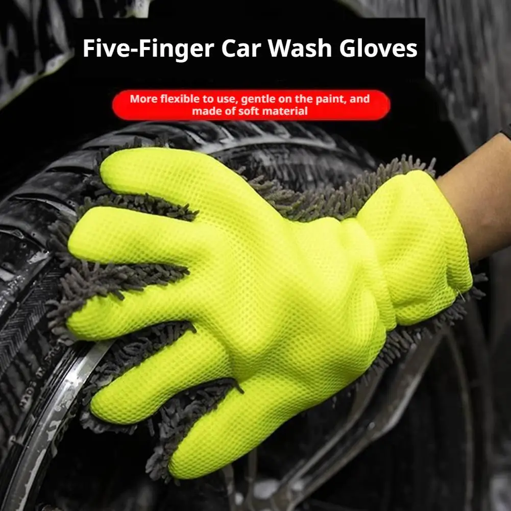Double Sided Car Wash Mitt 5-Finger Chenille Cleaning Glove Scratch-Free Detailing Sponge for Car Wheel Hub Care