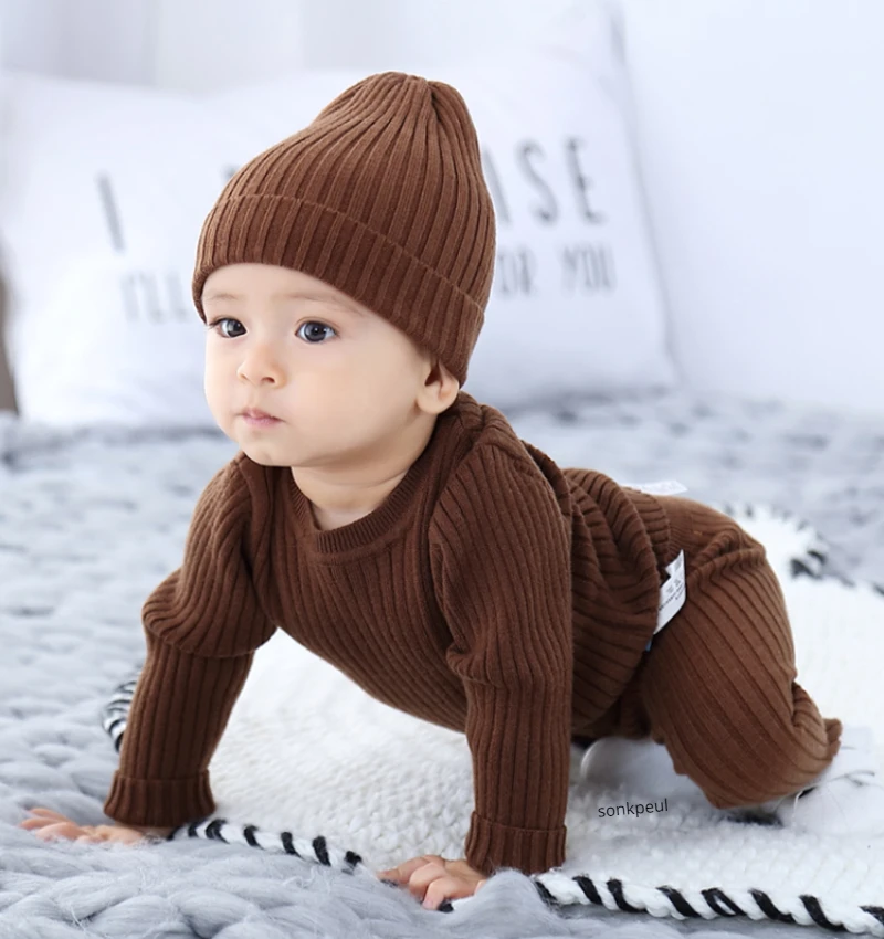 3pcs Sweater Sets Baby Boy Clothes Sets Kids Boys Girls Autumn Winter Knit Clothing Suit Newborn Toddler Outfits Tops Hat Pants