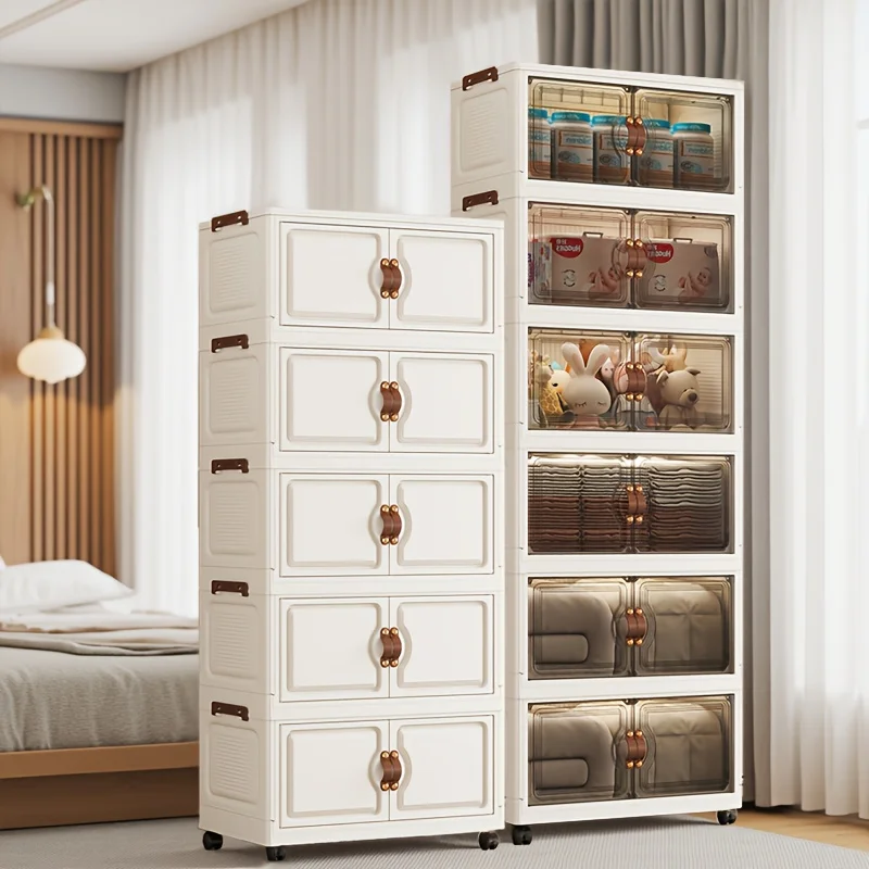 48cm Wide Foldable Storage Cabinet with Rolling Wheels,3-6 Tier  White/Black, for Bathroom/Bedroom/Living Room Organization