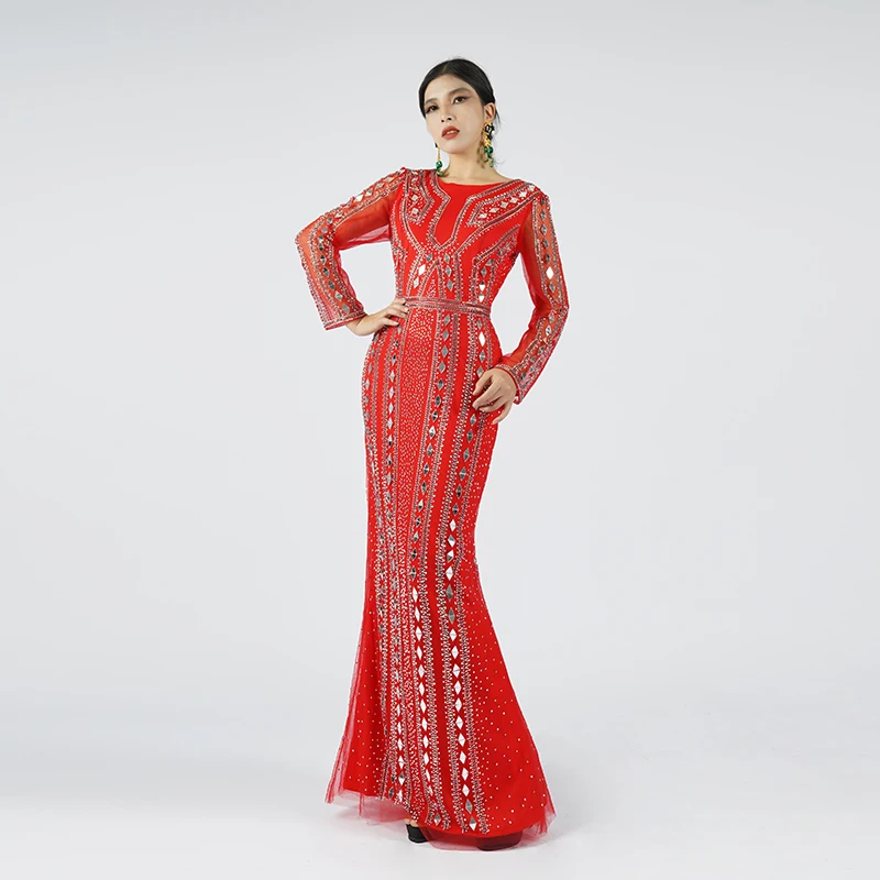 Baisha Luxury Red Evening Dress For Women 2024 Sequin Rhinestone Slim-Fit Mom Party Dress M88 For Special Events