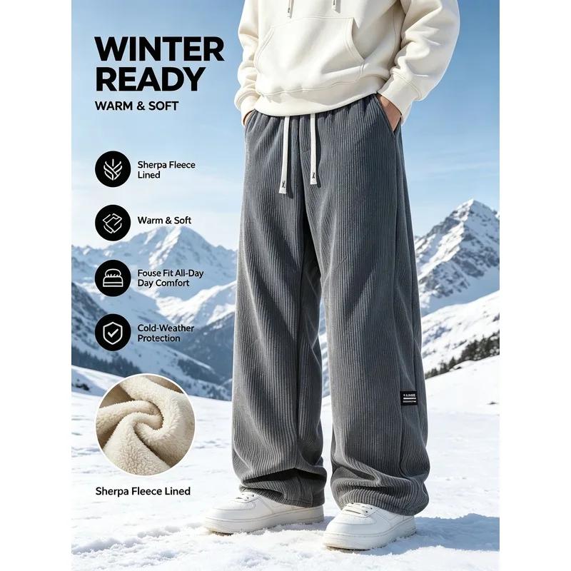 Winter Corduroy Men's Straight-Leg Sweatpants Thickened Warm Sports Pants Clothes Man Fleece Lined Thermal Padded Trousers Male