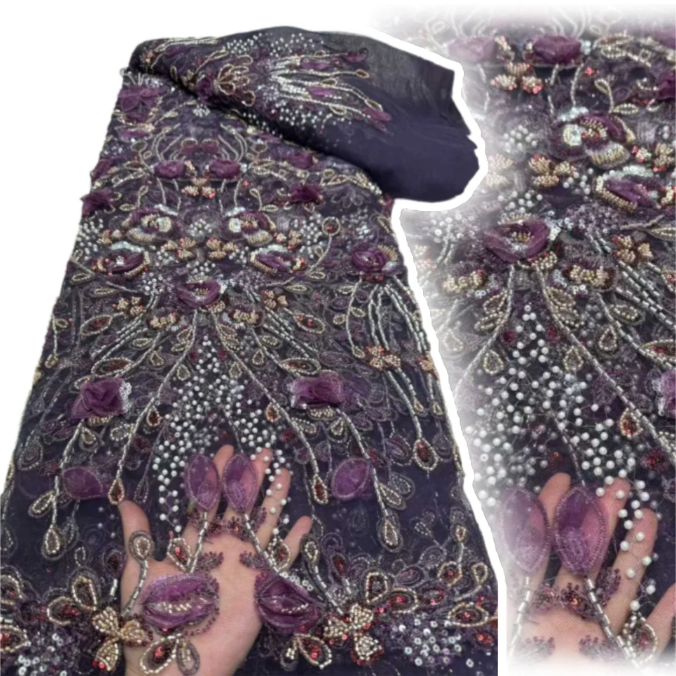 

Роскошная африканская бисерная кружевная ткань 2025, высокое качество, нигерийские блестки с жемчужным кружевом, французский тюль, кружевная ткань для шитья вечерних платьев AH1298