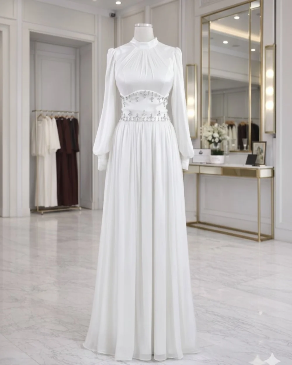 

Customized white Exquisite Luxurious Pleat Draped Rhinestone A-line High Collar Long Dresses Evening Dresses High Quality