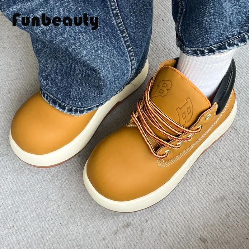 2024 Women's Autumn/Winter Ankle Boots Round Toe Chunky Heel Shoes Yellow Bread Shoes Workwear Boots Lace Up Casual Shoes Unisex