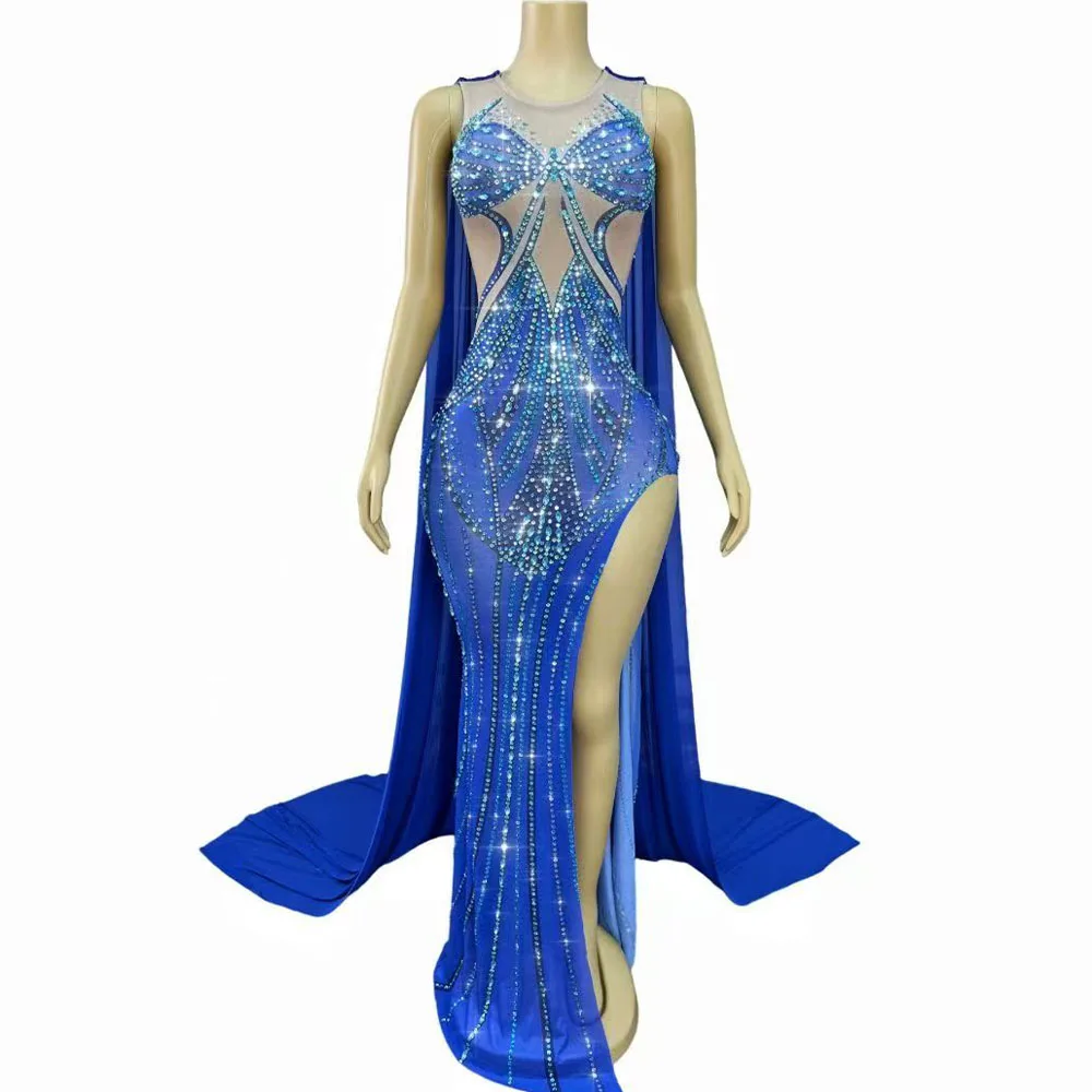 Luxe high-end sprankelende blauwe strass mantel jurk outfit sexy hoge split mesh jurk feest prom rode loper show podiumkleding