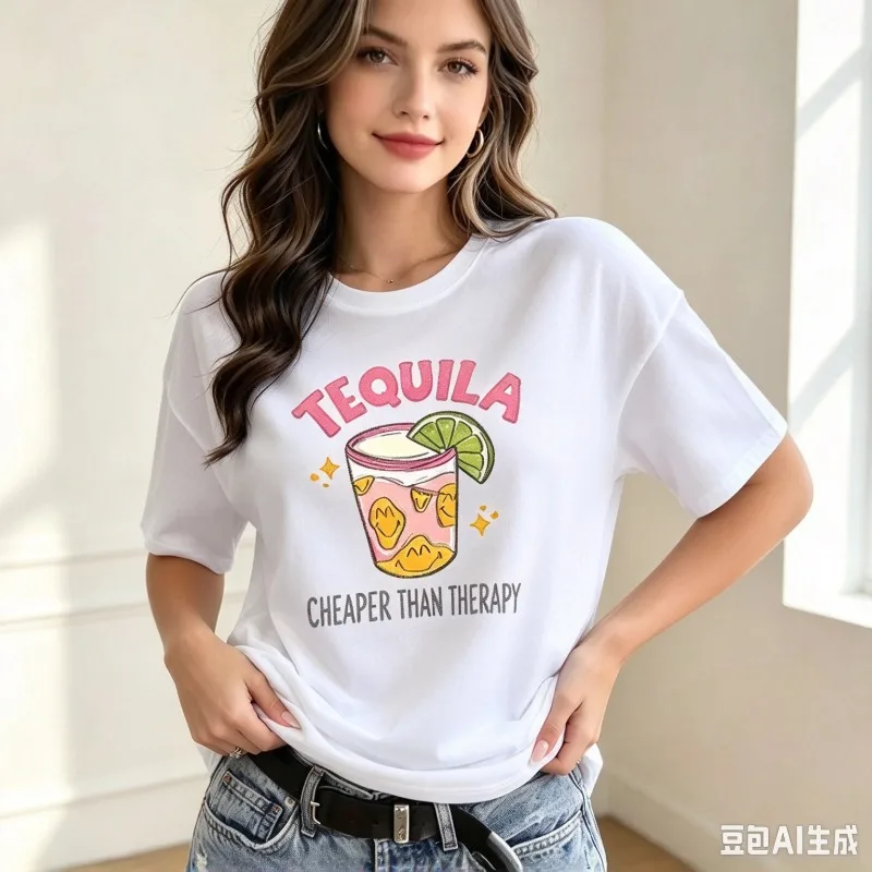 Women Tequila Lime Cocktail Graphic T-Shirt Cheaper Than Therapy Print Top Modal Casual Vacation Party Holiday Daily Shirt