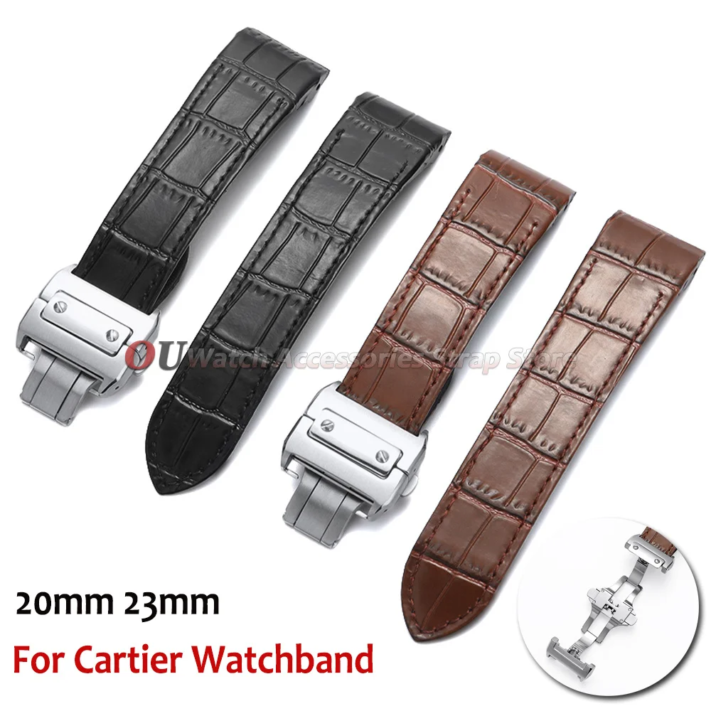For Cartier Watchband Cowhide Leather Watch Strap 20mm 23mm for Santos 100 Series Soft Wrist Band Folding Buckle Men Bracelets