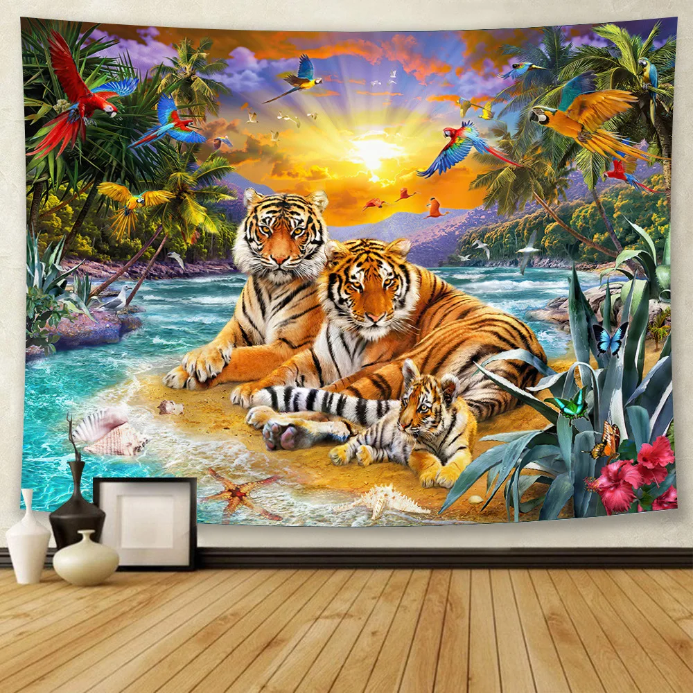 Forest animal tapestry home room art decoration background cloth tiger giraffe elephant lion parrot hanging cloth