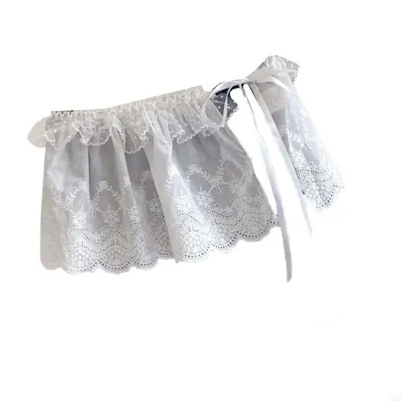 Frauen koreanische Stufe Rüschen Mini Schürze Rock Hollowout Blumenspitze Überdringung Hüftabdeckung Überträger Krawatte Taille