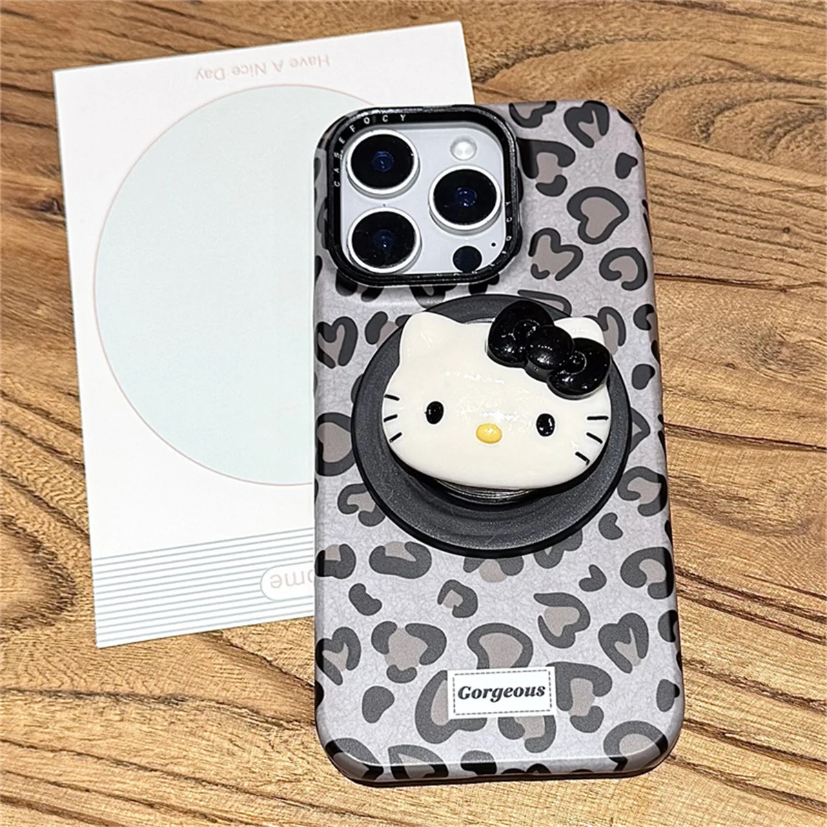 

Simple Black Leopard Print Magnetic Phone Case For iPhone 17 Pro 15 14 16 Pro Max Cover with Hellokitty Stand For Magsafe