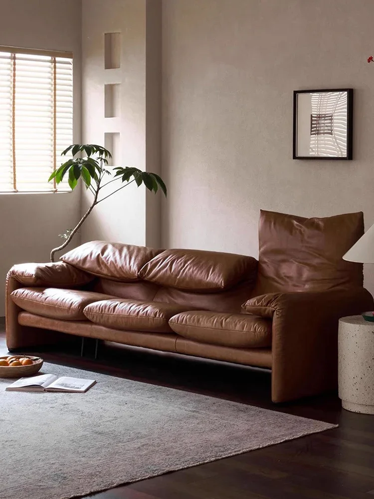 Sofa leather first layer cowhide oil wax leather Italian retro style living room small apartment