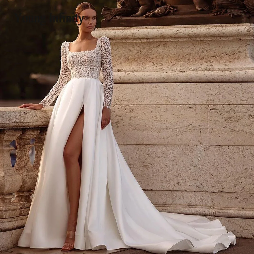 Vestidos de novia de manga larga para mujer, vestido de novia de tren de la capilla, cuadrado, blanco marfil, fiesta Formal, talla grande, 2024