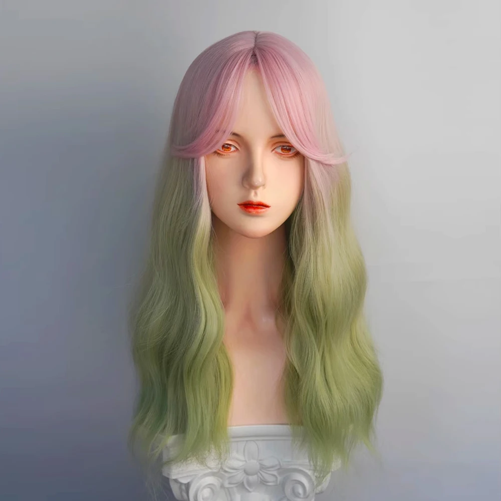 Ombre Pink Green Blend Long Wavy Synthetic Women Wig with Bangs Lolita Cosplay Fluffy Hair Wig for Daily Party