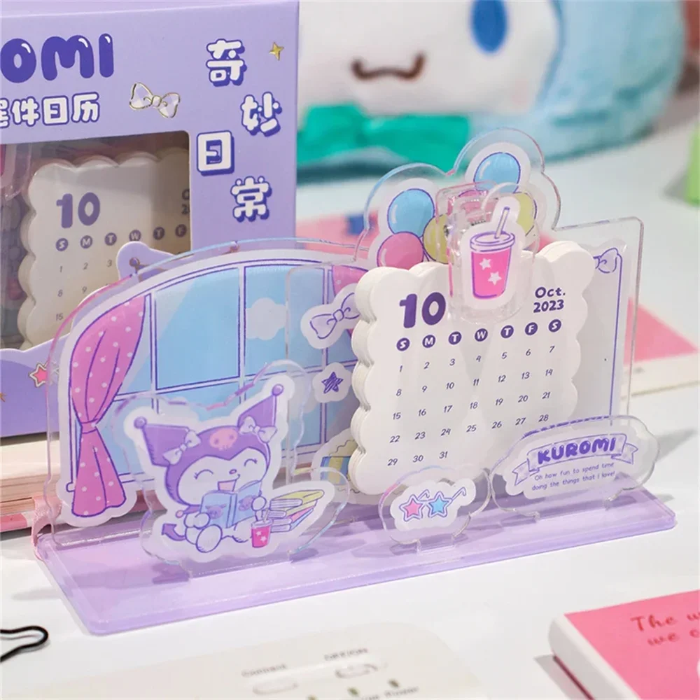 Oryginalny kalendarz z kreskówek Sanrio Cinnamoroll na rok 2025, uroczy akrylowy kalendarz biurkowy Kuromi Melody, ozdoba do składania, prezenty dla dziewczynek