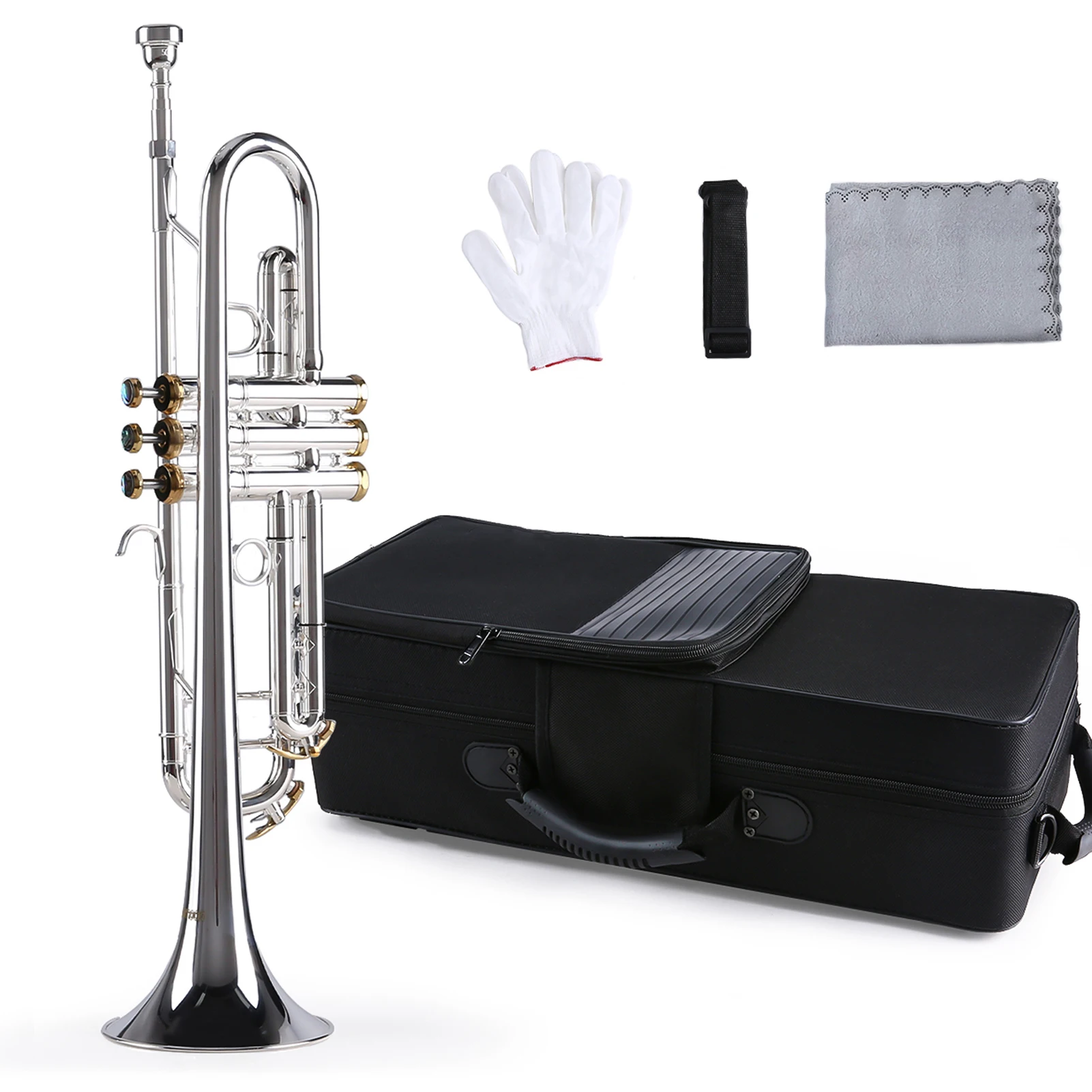 Prefessional Bb Trumpet Brass Material Silver-Plated Surface Beautiful Shell Buttons Wind Instrument with 5C Mouthpiece Carry Ba
