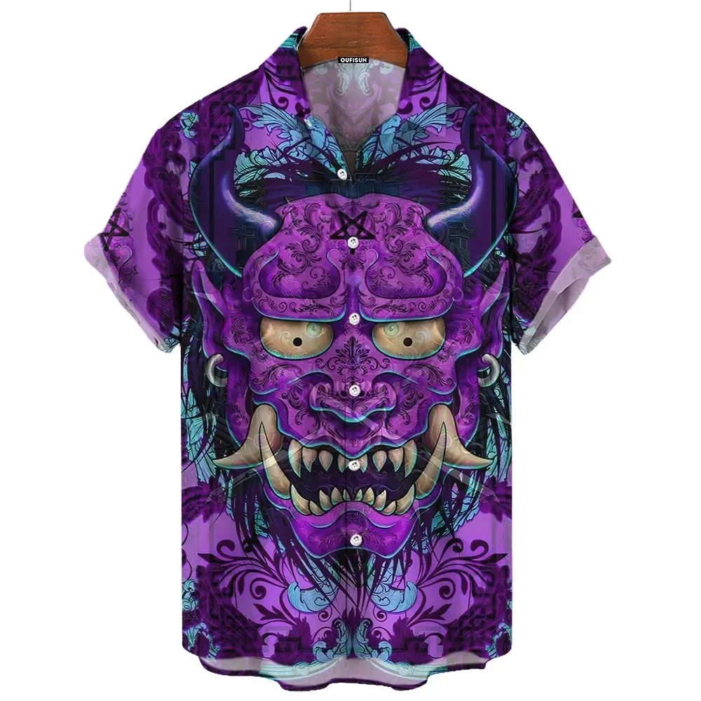 Men Japanese Oni Hannya Mask Tattoo Style Print Cuban Collar Short Sleeve Shirt Loose Button Up Summer Beach Vacation Casual
