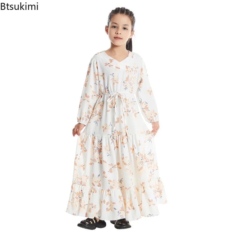 2024 Fashion Muslim Children Abaya Print Maxi Dress for Girl Long Robe Gowns Kimono Cute Jubah Middle East Arab Islamic Clothing