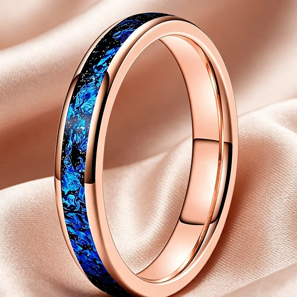 4mm Wolframcarbid-Eheringe mit blauer Folien-Einlage für Männer und Frauen, trendiger Verlobungsschmuck, poliert, glänzend, bequeme Passform – Detail 1