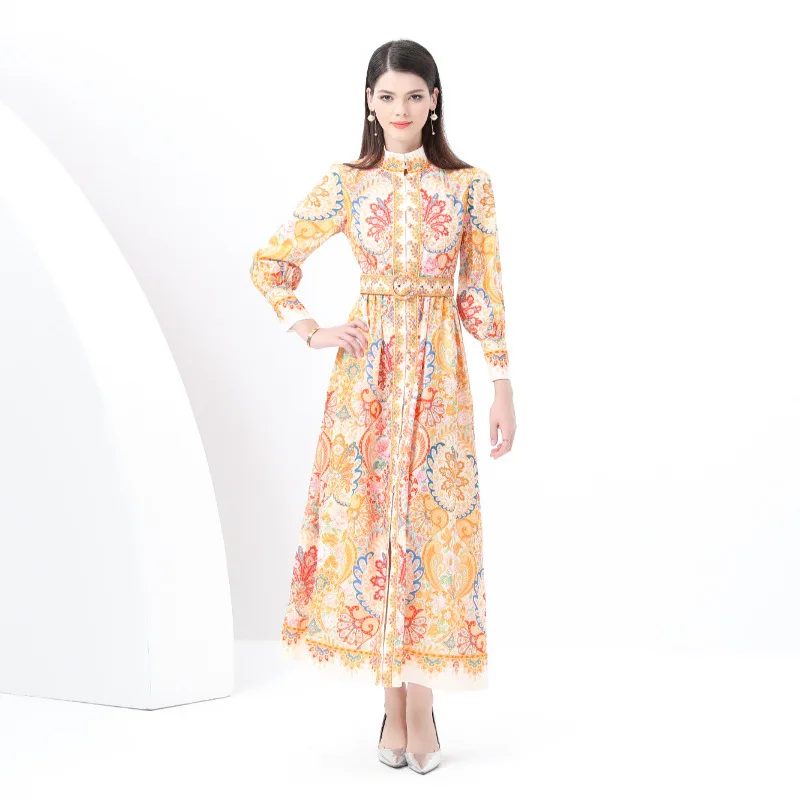 2025 Spring Holiday Muslims Floral Maxi Chiffon Shirt Dress Women's Lantern Long Sleeve Belt Vintage Print Vestidos Long Robe