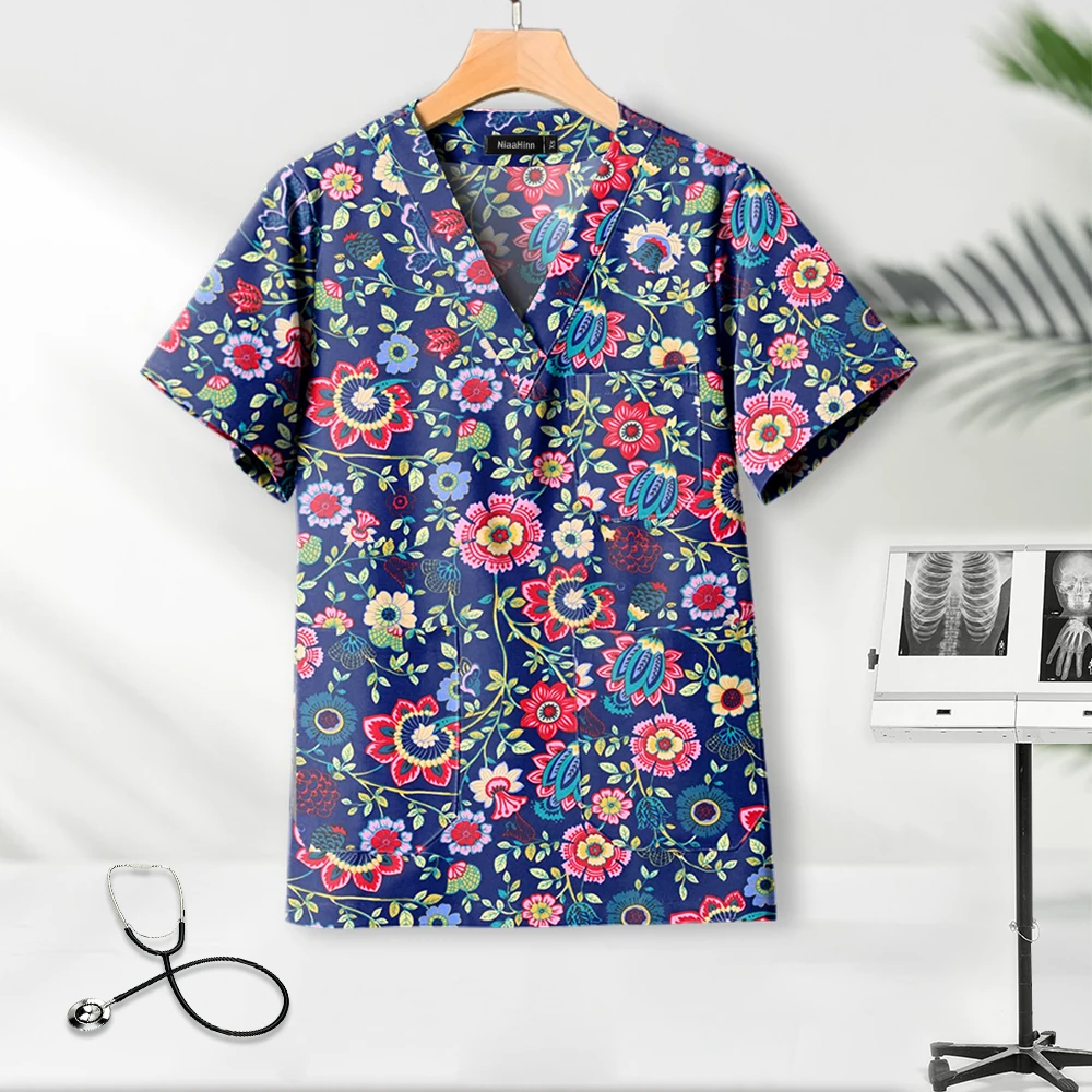 Nurse Uniforms Women Beauty SPA Nursing Work Clothes Dental Pharmacy Laboratory Scrub Print Tops Mens Scrubs Medical Blouse Soft