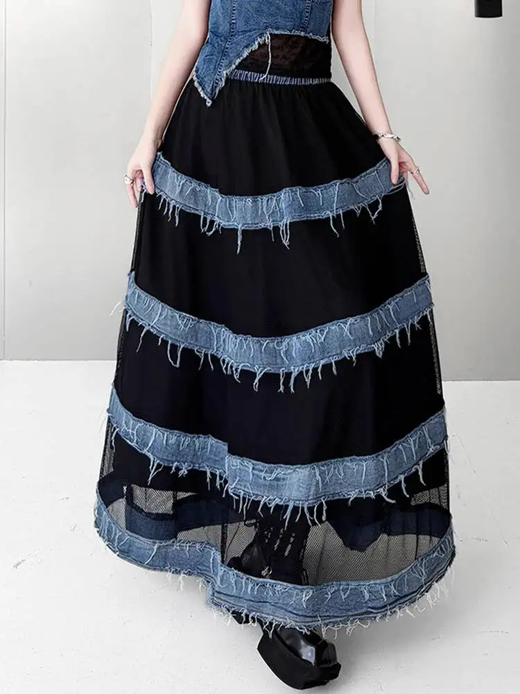 High Elastic Waist Blue Burr Denim Grid Hollow Out A-line Half-body Skirt Women Fashion Tide New Spring Autumn