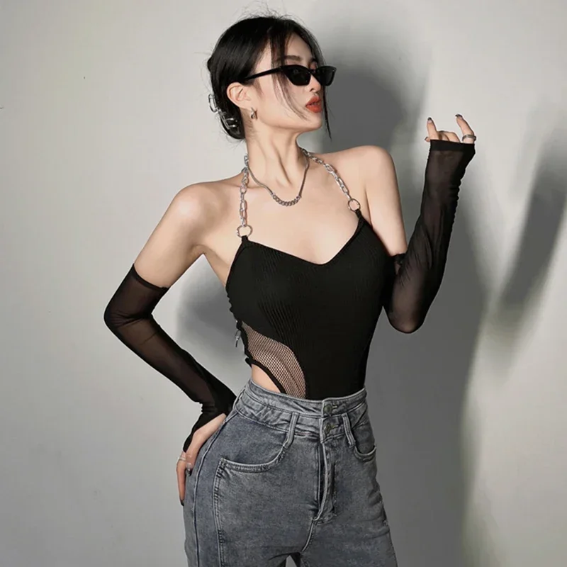 Chain Halter Basic Jumpsuit Women Bodycon Leotard Top Gauze Splicing Retro Slim Sexy Long Sleeves Hot Girl Streetwear