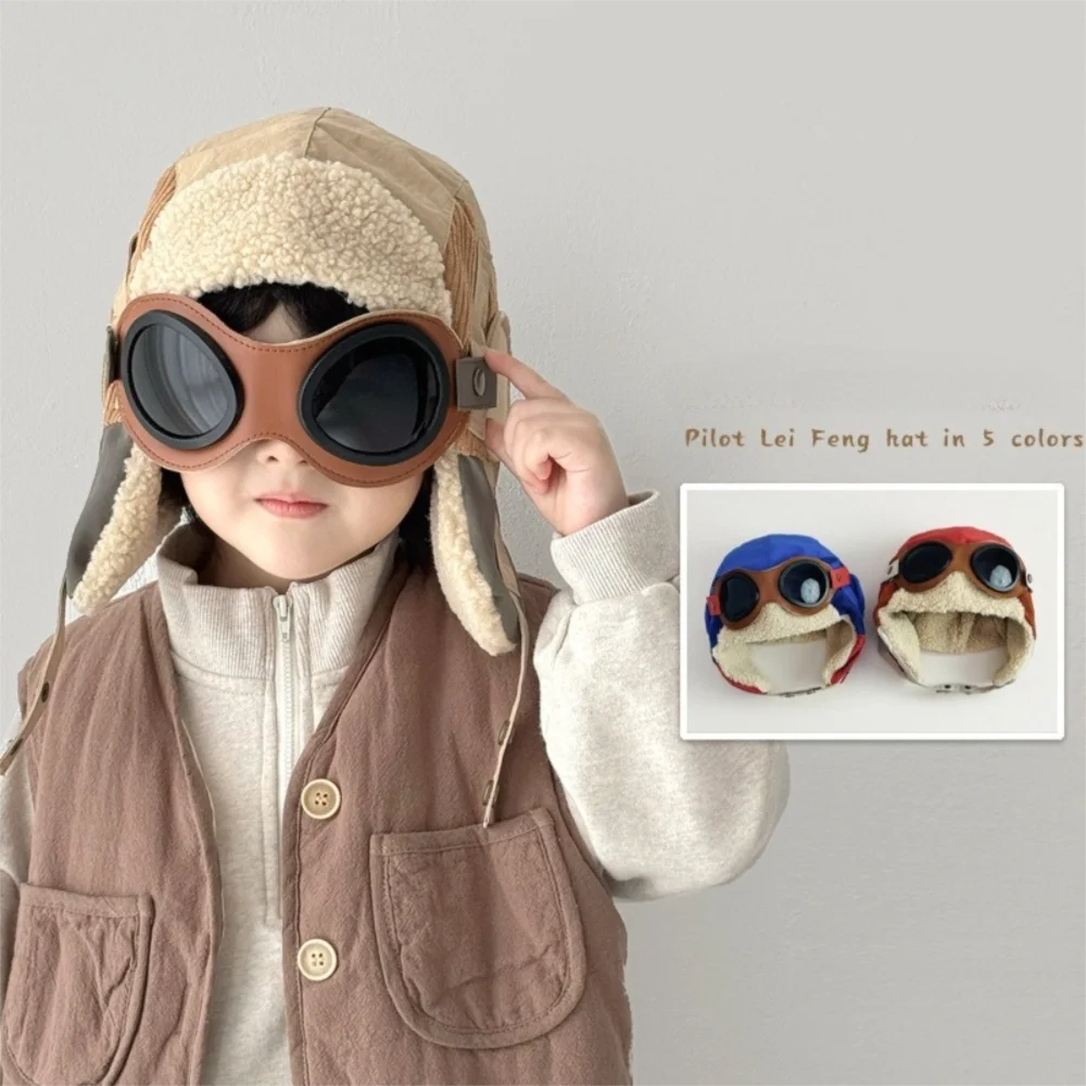 

Fashion Cute Cartoon Children Pilot Hat Cold Proof with Glasses Ear Protection Cap Thickned Windproof Warm Hat Winter
