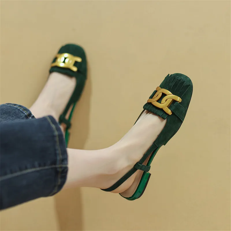 Summer Sandals Shoes Low Heel Women Sandals Fashion Metal Buckle Sheep Suede Sandals Tassel Women Pumps Ladies Shoes Green - view 2