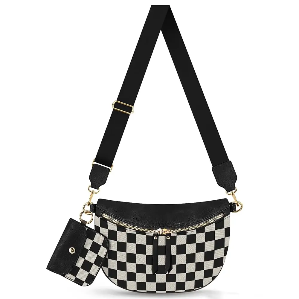 Checkered Crossbody Bag Bum Bags for Women Crossbody PU Leather Checkered Wallet Belt Bag Crossbody Handbags, Black Checkered
